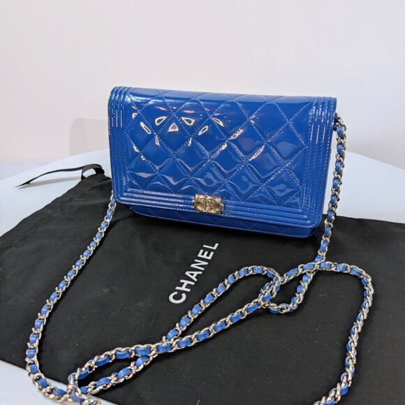Chanel Bright Blue Boy Patent Leather Wallet On Chain (WOC) - Picture 2 of 16